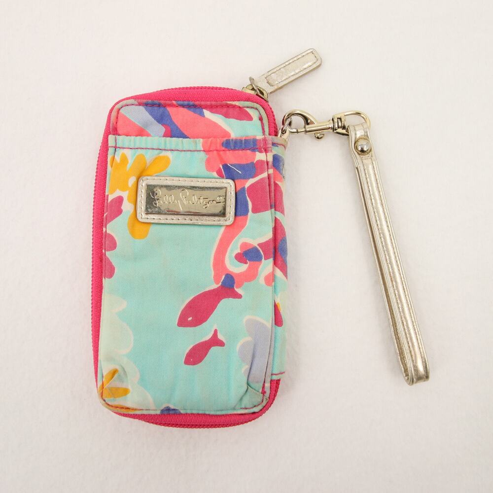 Lilly Pulitzer Wristlet Wallet Pink Aqua Fish Print Ocean Zip Around Wrist Strap
